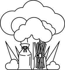 A white and black drawing of a cloud with a bag of flour and a bundle of straw