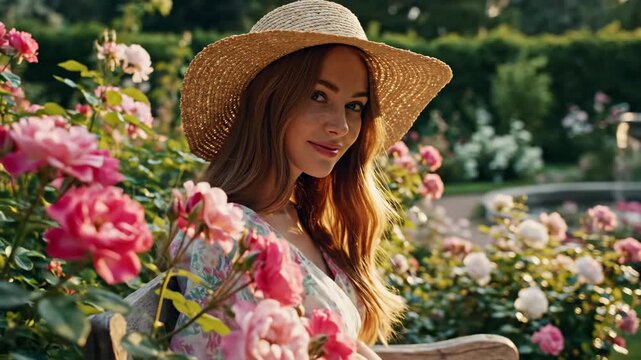 Woman Smiling in a Sunlit Garden Full of Blooming Pink Roses Wearing a Wide-Brimmed Hat