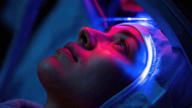 person lying down undergoing blue LED light facial treatment with eye protection.