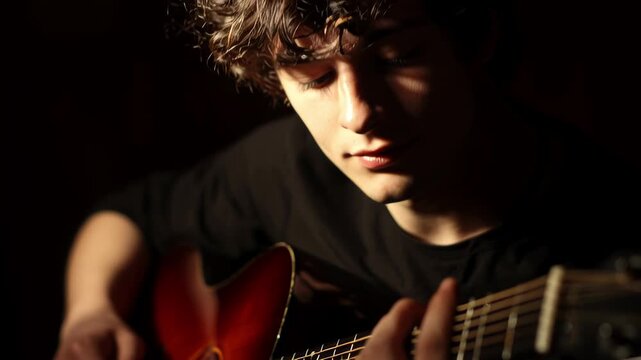 Musician performing on guitar in soft lighting, close-up shot highlighting hand movements and emotional expression.