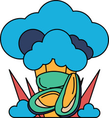 A white and black drawing of a broccoli and a mushroom