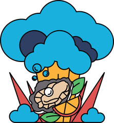 A cartoon drawing of a cloud with a flower and a lemon on it