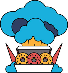 A box of donuts is shown with a cloud of smoke coming out of it