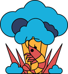 A cartoon of a shrimp sitting in a field of grass