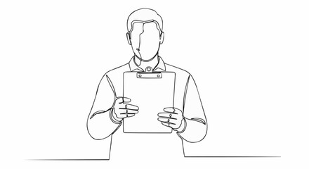 Man holding clipboard in continuous line drawing style.