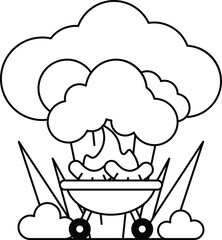 A cartoon of a broccoli with a grill on top of it