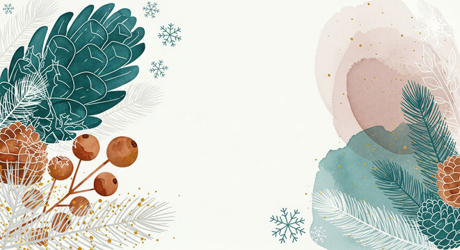 A winter-themed background featuring pine cones, leaves, and abstract shapes painted with watercolor. An artistic and bohemian New Year's design.