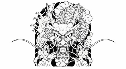 Intricate Black and White Dragon Head Illustration.