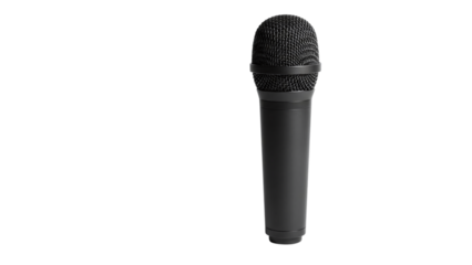 Professional black vocal microphone, commonly used for live performances, studio recording, and broadcasting, isolated on transparent background