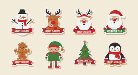 Fototapeta premium Festive Christmas cartoon sticker set with Santa, reindeer, snowman, elf, gingerbread man, penguin and tree, perfect for holiday cheer and seasonal designs