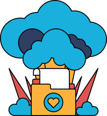 A white and black drawing of a cloud with a heart and a file cabinet