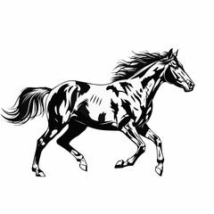 Elegant black and white horse running gracefully across the field.