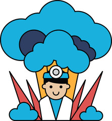 A man is wearing a hat and is standing in front of a large cloud