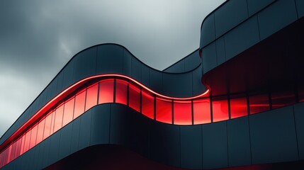 Modern building with a red glowing wavy strip