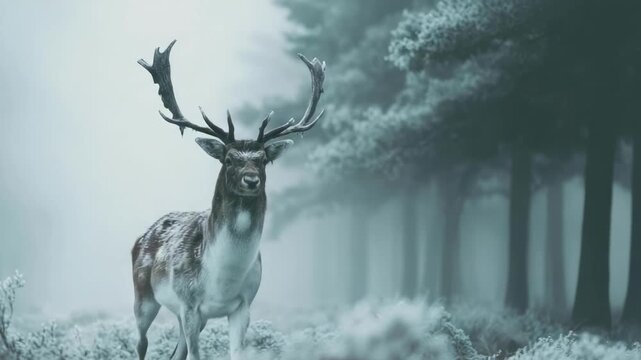A stag with large antlers stands alone in a frosty, misty forest.
