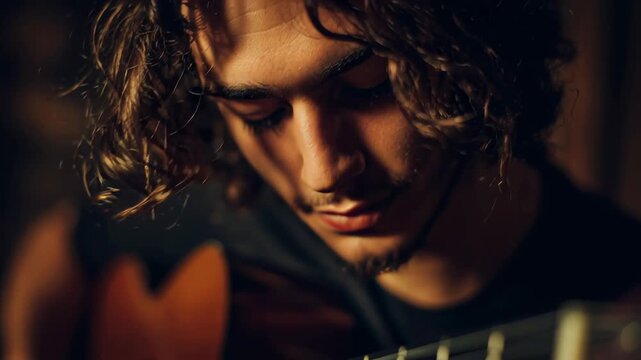 Musician performing on guitar in soft lighting, close-up shot highlighting hand movements and emotional expression.