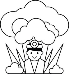 A man is wearing a hat and is standing in front of a large cloud