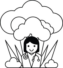 A woman is standing in a field of flowers and clouds