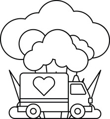 A truck with a heart on it is driving through a storm