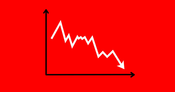 financial crisis on economic graph with white arrow on red background. Financial fall on economy market