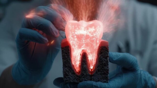 A glowing tooth model on a stand with sparks, held by gloved hands in a lab.