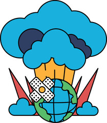 A black and white drawing of a planet with a large cloud and a small one