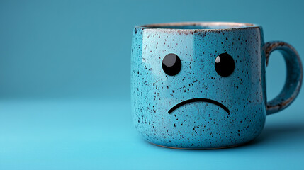 Blue cup with sad expression against isolated blue background - ai generative