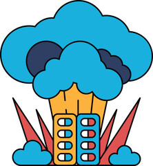 A black and white drawing of a cloud with two buildings in the foreground