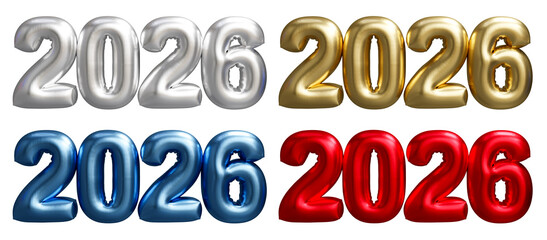 Gold, white, blue and red 2026 bubble icon isolated on white background, 3d render