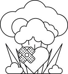A black and white drawing of a heart with a bandage on it