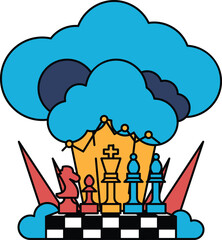 A black and white drawing of a chess board with a cloud in the background