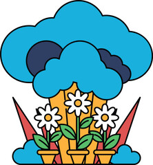 A drawing of a cloudy sky with three potted flowers in the foreground