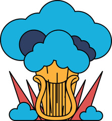 A black and white drawing of a cloud with a gondola in the middle