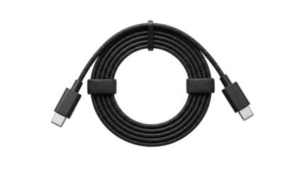 Black coiled usbc cable with two velcro straps for organization, isolated on transparent background, ideal for technology and connectivity