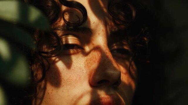 Close-up of a freckled face bathed in warm, dappled sunlight, leaf shadows across closed eyes and nose, lips relaxed.
