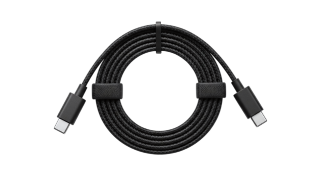Black coiled usbc cable with two velcro straps for organization, isolated on transparent background, ideal for technology and connectivity