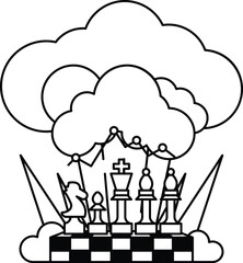 A black and white drawing of a chess board with a cloud in the background