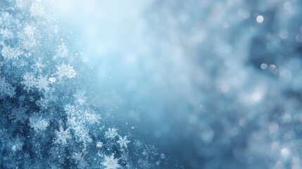 A dreamy winter scene with delicate snowflakes and a soft blue haze, creating a serene and ethereal feel.