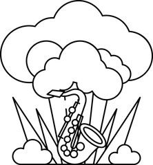A black and white drawing of a saxophone and clouds