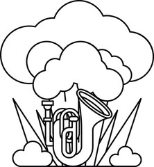 A black and white drawing of a cloud with a trombone and trumpet in the middle