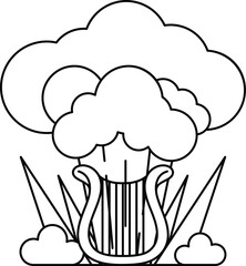 A black and white drawing of a cloud with a gondola in the middle