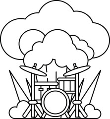 A black and white drawing of a drum set with a cloud in the background