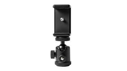 Black smartphone holder with adjustable ball head mount for tripod or stand, isolated on transparent background