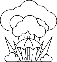 A black and white drawing of a cloud with an umbrella in the middle
