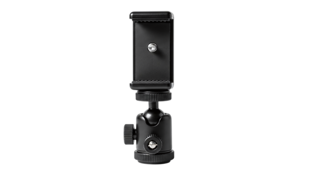 Black smartphone holder with adjustable ball head mount for tripod or stand, isolated on transparent background
