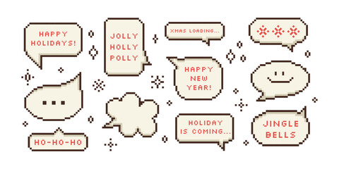 Naklejka premium Christmas Pixel Art Speech Bubble Message Set. Retro pixelated computer 8 bit chat box with text