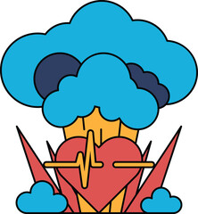 A heart with an ECG on it is surrounded by clouds