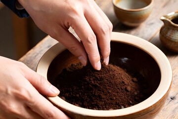 Recycling in der Küche (Authentisch und Handwerklich)
- Fokus auf den Prozess des Wiederverwertens (Kaffeesatz) in einem häuslichen Kontext, der handwerkliche Ästhetik in den Vordergrund stellt