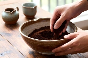 Recycling in der Küche (Authentisch und Handwerklich)
- Fokus auf den Prozess des Wiederverwertens (Kaffeesatz) in einem häuslichen Kontext, der handwerkliche Ästhetik in den Vordergrund stellt