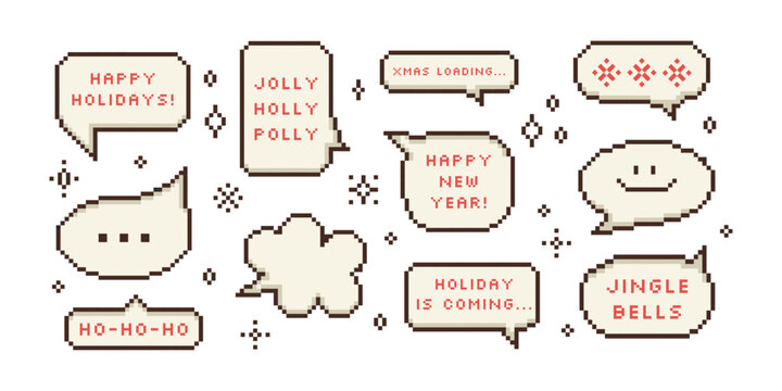Christmas Pixel Art Speech Bubble Message Set. Retro pixelated computer 8 bit chat box with text